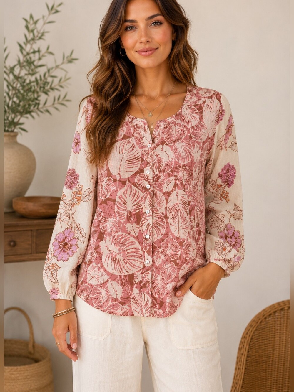 Tahari 100% Linen Boho Tropical Botanical Coastal Cream Button Down Blouse XS